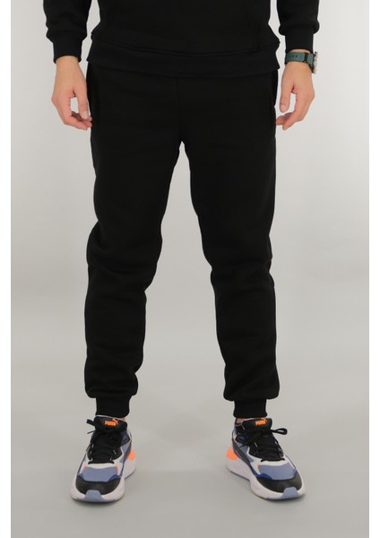 Erkek Siyah Eşofman Altı Rahat Kesim 3 Iplik Şardonlu Ipli Ribana Bel