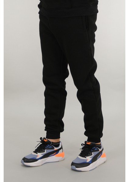 Erkek Siyah Eşofman Altı Rahat Kesim 3 Iplik Şardonlu Ipli Ribana Bel