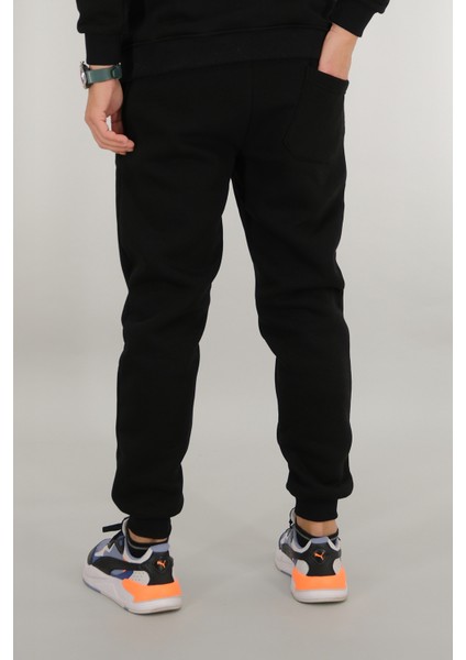 Erkek Siyah Eşofman Altı Rahat Kesim 3 Iplik Şardonlu Ipli Ribana Bel