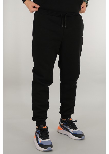 Erkek Siyah Eşofman Altı Rahat Kesim 3 Iplik Şardonlu Ipli Ribana Bel