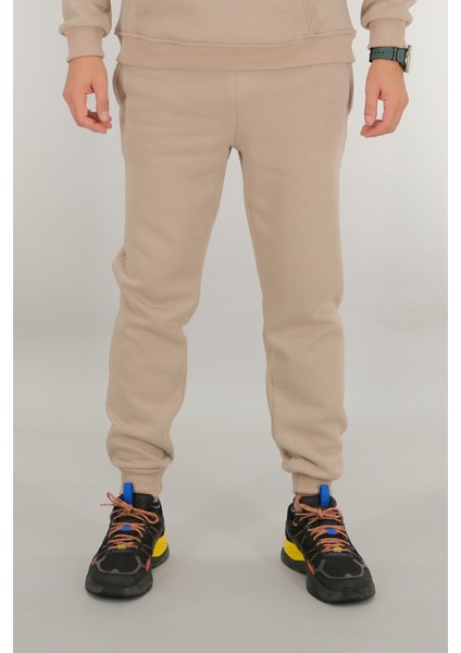 Erkek Bej Eşofman Altı Rahat Kesim 3 Iplik Şardonlu Ipli Ribana Bel