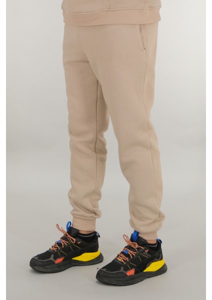 Erkek Bej Eşofman Altı Rahat Kesim 3 Iplik Şardonlu Ipli Ribana Bel