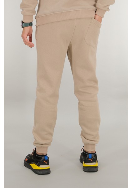 Erkek Bej Eşofman Altı Rahat Kesim 3 Iplik Şardonlu Ipli Ribana Bel