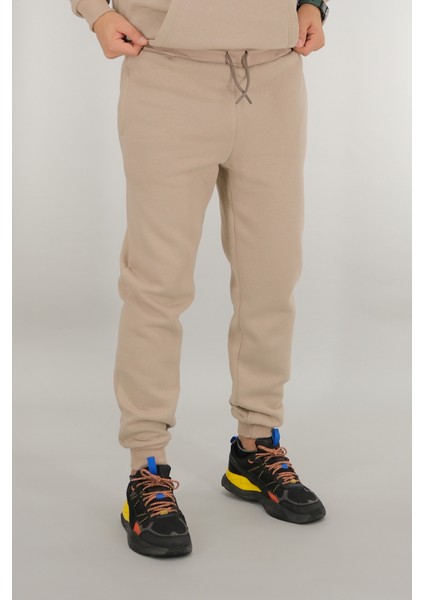 Erkek Bej Eşofman Altı Rahat Kesim 3 Iplik Şardonlu Ipli Ribana Bel