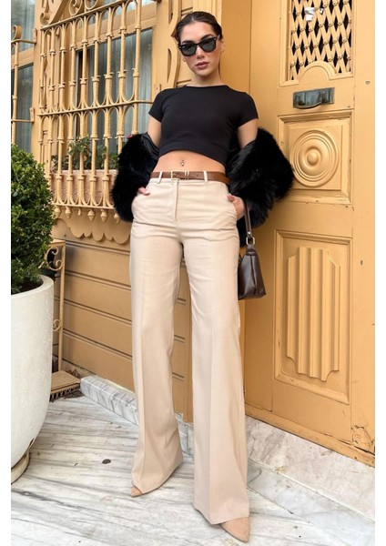 Taş Rengi Yüksek Bel Kumaş Pantolon MG2285