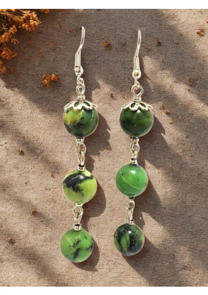 Yeşim Doğal Taşı Uzun Sallantılı Küpe - Yeşil Sallantılı Kancalı Doğal Taş Kadın Küpesi - Gümüş Renk - Yeşim Genel Sağlık Taşı Uzun Sallantılı Küpe