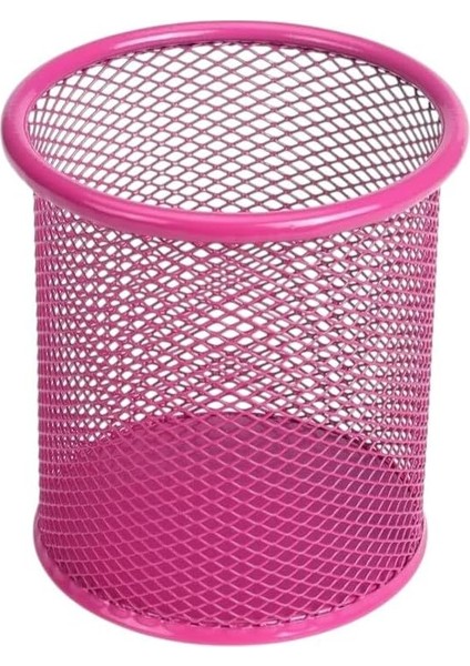 Masa Üstü Kalemlik 1 Adet Metal Fileli Renkli Perforeli Yuvarlak Kalemlik Ofis Büro Okul Pembe
