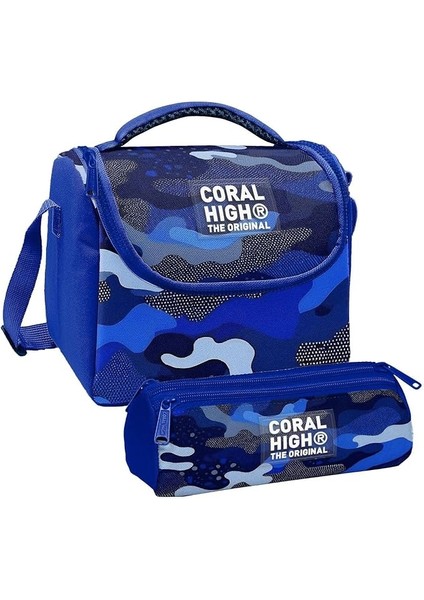 High Erkek Çocuk Mavi Lacivert Kamuflaj Thermo Beslenme Çantası ve Üç Bölmeli Kalem Çantası Seti