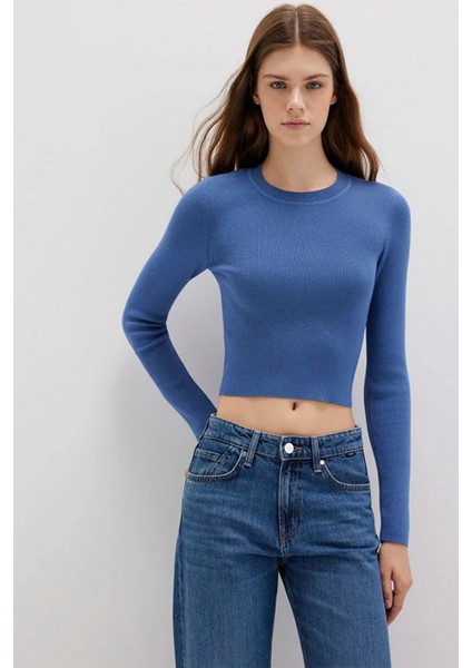 Bisiklet Yaka Mavi Crop Kazak 1710474-70738