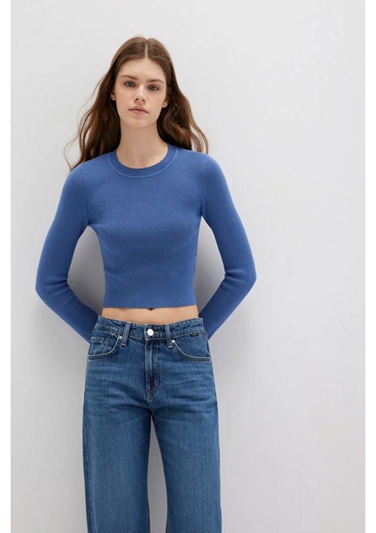 Bisiklet Yaka Mavi Crop Kazak 1710474-70738 fiyatları