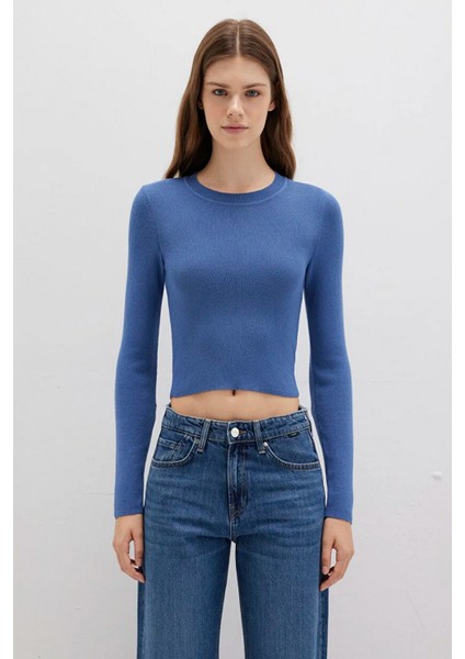 Bisiklet Yaka Mavi Crop Kazak 1710474-70738 modelleri