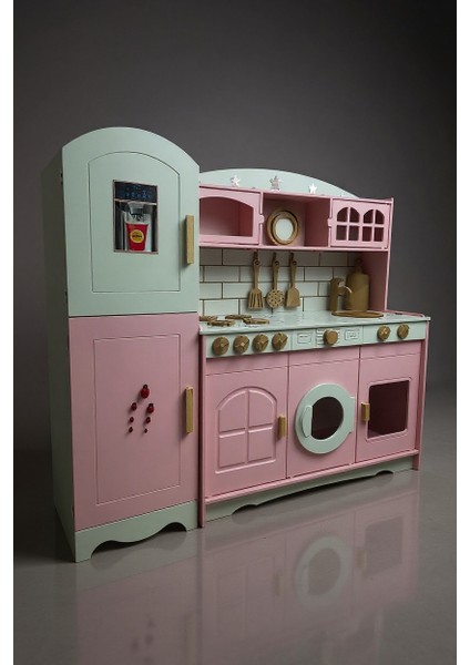 Ahşap Oyuncak Mutfak Seti – Pembe | Gerçekçi Tasarımlı Çocuk Oyun Mutfağı ve Buzdolabı ile