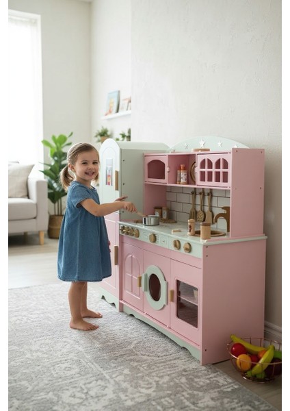 Ahşap Oyuncak Mutfak Seti – Pembe | Gerçekçi Tasarımlı Çocuk Oyun Mutfağı ve Buzdolabı ile fiyatları