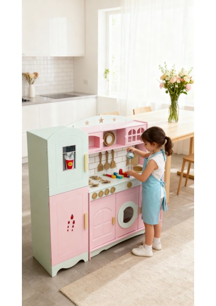 Ahşap Oyuncak Mutfak Seti – Pembe | Gerçekçi Tasarımlı Çocuk Oyun Mutfağı ve Buzdolabı ile fırsatları