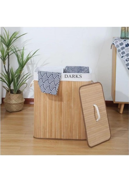 Katlanabilir Kirli Çamaşır Sepeti, Kapaklı, Yıkanabilir Astar 32X52X60 Siyah-Beyaz Kirli-Temiz Bölmeli Çamaşır Sepeti