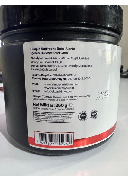 Simple Nutritions Beta Alanine Unflavoured 250 gr fiyatları