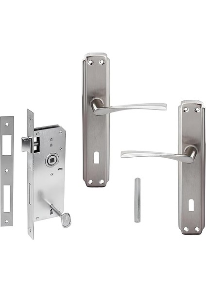 Nikel Saten Oda Kapı Kolu + Hok Er-40 Ekstra Gömme Kilit Iç Kapı Oda Kilidi Rulmanlı Köşeli 40 mm Takım