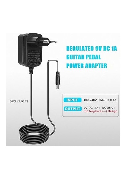 Gitar Pedalı Güç Kaynağı Adaptörü 9V Dc 1A Merkez Ipucu Negatif Güç Kaynağı Şarj Adaptörü Duvar Şarj Fişi Elektro Gitar Bas Stompbox Efektleri Pedal ve Casio Klavye Gürültü Azaltma 150CM modelleri