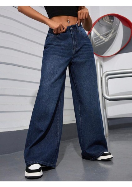 2020 Kadın Likrasız Palazzo Jeans Kot Denim Pantolon - Koyu Mavi fiyatları