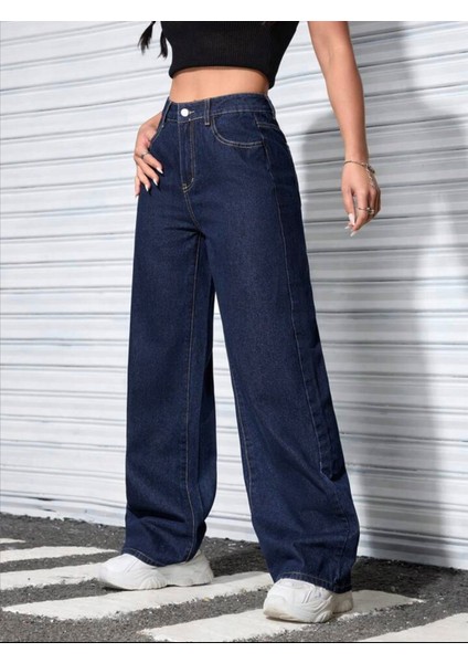 2020 Kadın Likrasız Palazzo Jeans Kot Denim Pantolon - Koyu Mavi modelleri