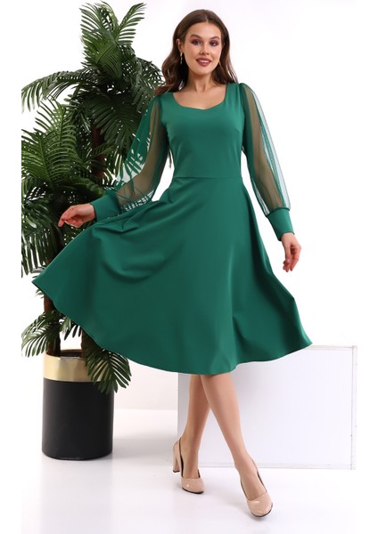 Yuvarlak Yaka Kol Tül Elbise F117