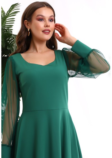 Yuvarlak Yaka Kol Tül Elbise F117