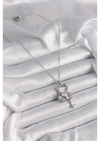 Bfs 316L Çelik Gümüş Renk Ayna Ayıcık Model Zirkon Taşlı Kalp Detay Kadın Kolye fiyatları