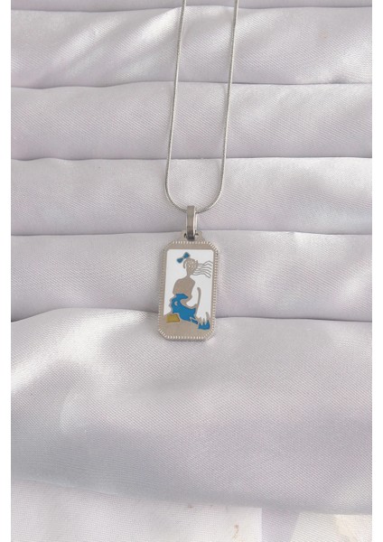 Bfs 316L Çelik Gümüş Renk Beyaz Mineli Kız Figür Tarot Kolye