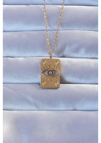 Bfs 316L Altın Renk Işlemeli Nazarlı Vintage Kolye