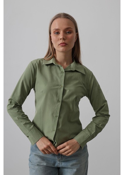 Kadın Uzun Kollu Pamuk Polyester Haki Rengi Gömlek Basic