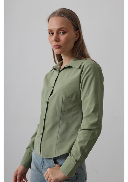 Kadın Uzun Kollu Pamuk Polyester Haki Rengi Gömlek Basic fiyatları