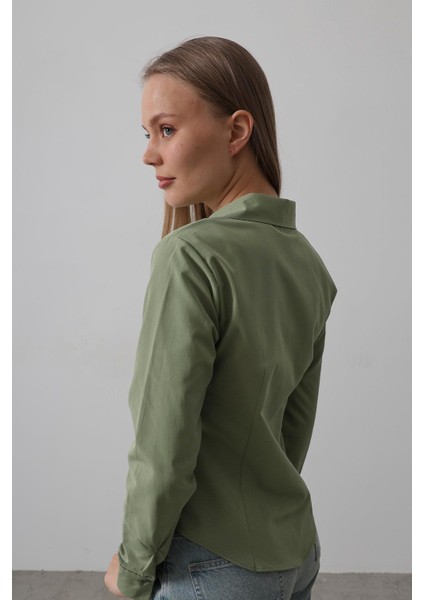 Kadın Uzun Kollu Pamuk Polyester Haki Rengi Gömlek Basic modelleri