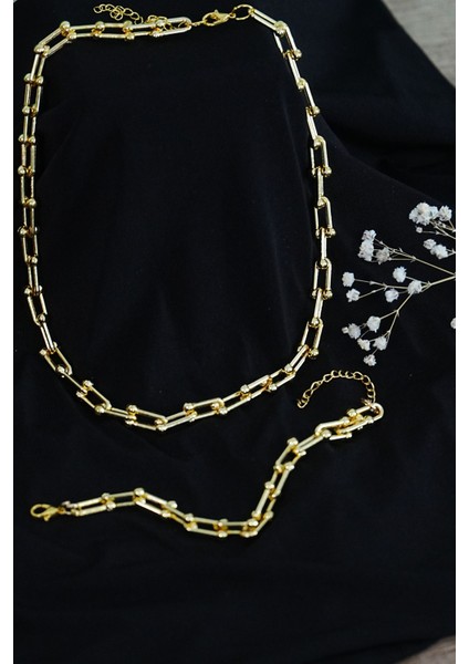 Gold Renk Kadın Kalın Zincir Takı Seti Kolye ve Bileklik 2li - 9841201-1923