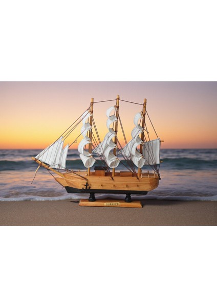 Dekoratif Ahşap El Yapımı Yelkenli Gemi Maketi Masaüstü Biblo Ev Ofis Hediyesi 40 Cm. Model D
