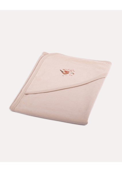 %100 Organik Pamuk Gots Sertifikalı Başlıklı Çift Katlı Bebek Battaniyesi - Orman Desenli / Taş Rengi