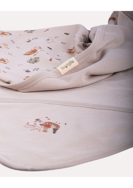 %100 Organik Pamuk Gots Sertifikalı Başlıklı Çift Katlı Bebek Battaniyesi - Orman Desenli / Taş Rengi fırsatları