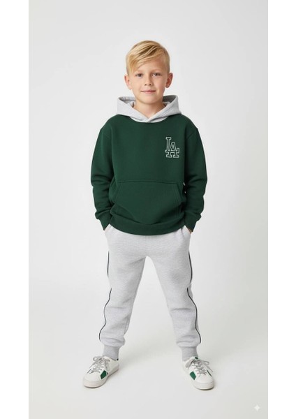 Nakış Detaylı Oversize Kanguru Cepli Kapüşonlu Şardonlu Çocuk Takımı 5-6 Yaş - Yeşil