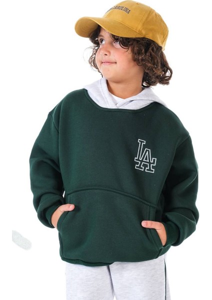 Nakış Detaylı Oversize Kanguru Cepli Kapüşonlu Şardonlu Çocuk Takımı 5-6 Yaş - Yeşil indirimleri