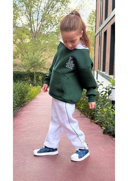 Nakış Detaylı Oversize Kanguru Cepli Kapüşonlu Şardonlu Çocuk Takımı 5-6 Yaş - Yeşil