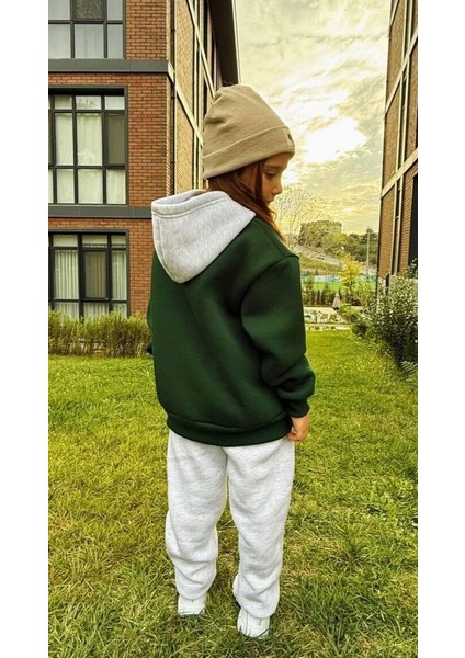 Nakış Detaylı Oversize Kanguru Cepli Kapüşonlu Şardonlu Çocuk Takımı 5-6 Yaş - Yeşil