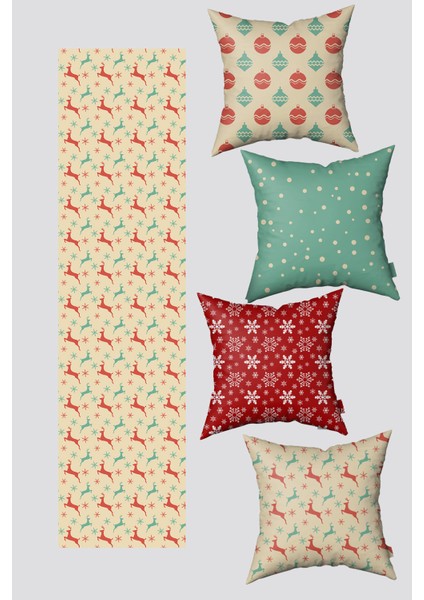 Yeşil Kırmızı Geyik ve Yılbaşı Topları 4 Kırlent Kılıfı 1 Runner Seti