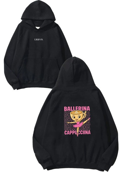Ballerina Tasarım Baskılı Oversize Siyah Kapüşonlu Sweatshirt
