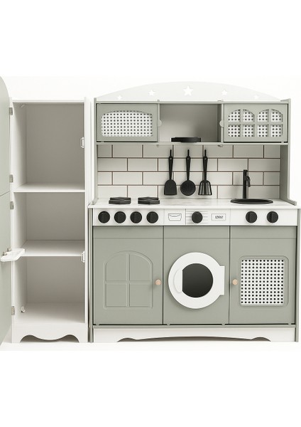 Çocuklar İçin Vintage Ahşap Oyuncak Mutfak Buzdolabı 1 Led Işıklı