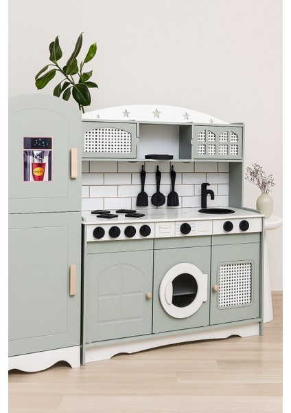 Çocuklar İçin Vintage Ahşap Oyuncak Mutfak Buzdolabı 1 Led Işıklı modelleri