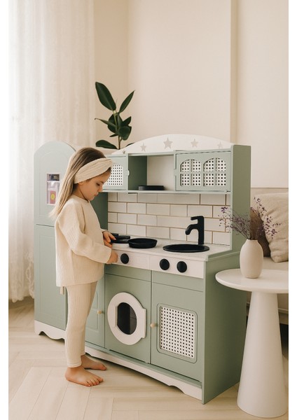 Çocuklar İçin Vintage Ahşap Oyuncak Mutfak Buzdolabı 1 Led Işıklı