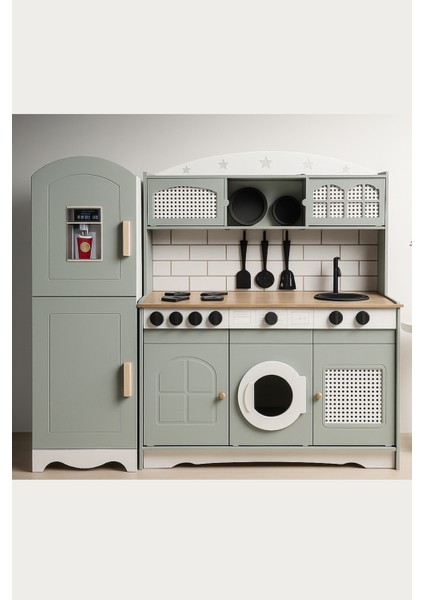 Çocuklar İçin Vintage Ahşap Oyuncak Mutfak Buzdolabı 1 Led Işıklı