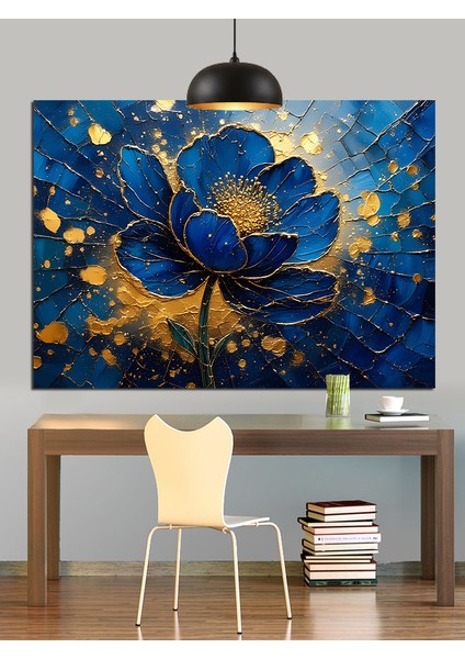 Koyu Mavi Çiçekler Sanat Dekoratif Kanvas - Mdf Ahşap Tablo