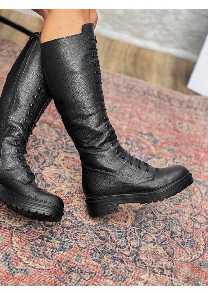 Varn Bağcıklı ve Fermuarlı Hakiki Deri Siyah Kadın Çizme modelleri