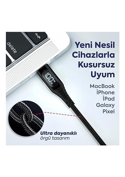 100W Type-C To Type-C Dijital LED Ekranlı Göstergeli Hızlı Şarj Kablosu | E-Mark Çipli, Dayanıklı Örgülü, 1.2m, Usb-C Pd 3.0, iPhone 15 16, Samsung Xiaomi Telefon, Macbook Laptop Tablet Uyumlu fırsatları