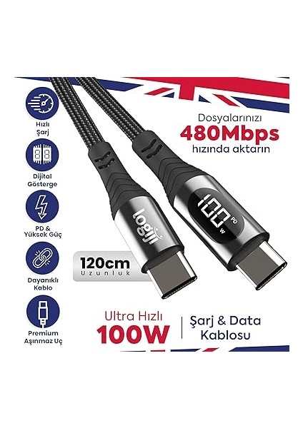 100W Type-C To Type-C Dijital LED Ekranlı Göstergeli Hızlı Şarj Kablosu | E-Mark Çipli, Dayanıklı Örgülü, 1.2m, Usb-C Pd 3.0, iPhone 15 16, Samsung Xiaomi Telefon, Macbook Laptop Tablet Uyumlu indirimleri